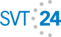 SVT24's first logo from 1999 to 2001, there is the word SVT in blue text, and to the right of it there are seven gray dots and on the right of them is the number 24 on blue and bolder text.