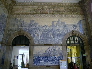 Interior of the São Bento railway station, Porto, Portugal, around twenty thousand tiles (551 square meters) installed in the building were created in the 1930s by the painter Jorge Colaço.[42]