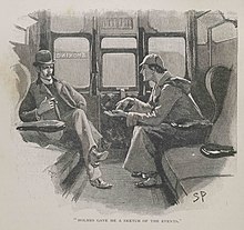 Holmes (in deerstalker hat) talking to Watson (in a bowler hat) in a railway compartment
