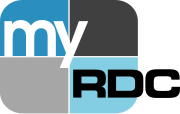 A rounded rectangle divided into blue and gray parts with the word "my" in white and a black "RDC" in the lower right, extending outside of the rectangle.