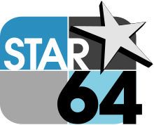 A rounded rectangle divided into blue and gray parts with the word STAR in white, a pointed silver star with black shadow in the upper right, and a black 64 in a sans serif in the lower right corner.
