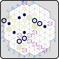 (A) Potential moves for the black ring at E4 are shown with broken rings. Note that K10 is not a possible move, as J9 is the first open space after passing over existing markers; similarly, E1 is not possible. Also, C2 and A4 are blocked by rings.