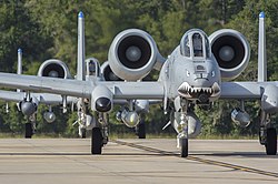 A-10C Thunderbolt II aircraft assigned to the 74th Fighter Squadron taxi at Moody Air Force Base during 2017.