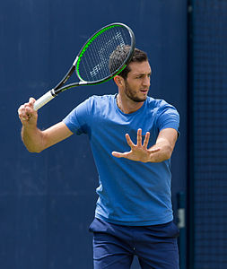 James Ward during practice at the Queens Club Aegon Championships in London, England.