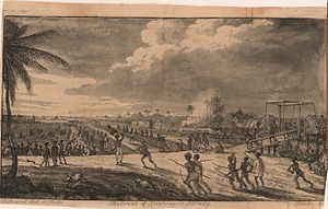 Large group of slaves force the retreat of European soldiers. Includes canal, boat, drawbridge, dwellings, guns or muskets, flag, hogs, pigs, dogs, and bayonets.