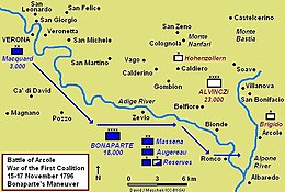 Map shows Napoleon Bonaparte's Arcole maneuver