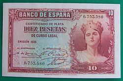 10 peseta banknote with the allegory of the Second Spanish Republic.