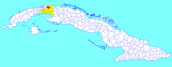 Jaruco municipality (red) within Mayabeque Province (yellow) and Cuba
