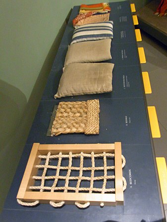 Touchable museum samples illustrating a 1590s bed: the bedcords, plaited-rush[6] bedmat, a flockbed and a featherbed in dun ticking, a downbed in striped ticking, and the bedlinen.[5]