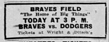 Newspaper ad for baseball tickets for the game