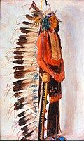 Painting of Holds The Enemy, a Crow warrior with split horn headdress and beaded wool leggings by E. A. Burbank