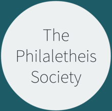 An off-white circle over a green background. In the circle in a dark, thin sans serifs font is written "The Philaletheis Society".