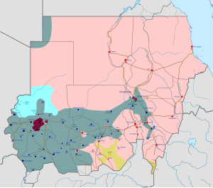 A map of Sudan, showing the RSF dominant in the west of the country, the SAF dominant in the east, and the centre split between both sides.