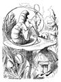Image 11 Caterpillar, Alice's Adventures in Wonderland Artist: Sir John Tenniel Sir John Tenniel's illustration of the Caterpillar for Lewis Carroll's classic children's book, Alice's Adventures in Wonderland. The illustration is noted for its ambiguous central figure, which can be viewed as having either a human male's face with pointed nose and protruding lower lip or as the head end of an actual caterpillar, with the right three "true" legs visible. The small symbol in the lower left is composed of Tenniel's initials, which was how he signed most of his work for the book. The partially obscured word in the lower left-center is the last name of Edward Dalziel, the engraver of the piece. More featured pictures