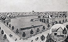 Drawing of the parade ground and buildings on a military academy campus from an aerial perspective