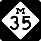 A white diamond containing a black M above the number 35, all surrounded by a black square