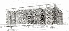 black and white drawing of a square tank, not very deep compared to its very large area, elevated high on trestles, with a pipe on the ground larger than the people in the foreground