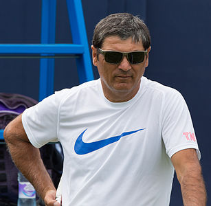 Toni Nadal coaching Rafael Nadal during practice at the Queens Club Aegon Championships in London, England.