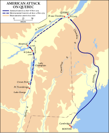 Montgomery's route started at Fort Ticonderoga in eastern upstate New York, went north along Lake Champlain to Montreal, and then followed the Saint Lawrence River downstream to Quebec. Arnold's route started at Cambridge, Massachusetts, went overland to Newburyport and by sea to present-day Maine. From there, it went up the Kennebec River and over a height of land separating the Kennebec and Chaudière River watersheds to Lac Mégantic. It then descended the Chaudière River to Quebec City.