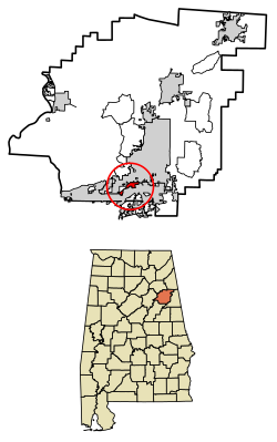 Location of Hobson City in Calhoun County, Alabama.