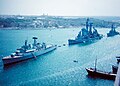 HMS London, USS Albany and USS Lawrence anchored at Malta in 1971.