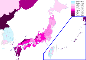 Map of East Asia by total fertility rate (TFR) in 2021. Japan's TFR in 2012 was estimated at 1.41 children per woman, increasing slightly from 1.32 in the 2001–05 period. In 2012, the highest TFR was 1.90, in Okinawa, and the lowest was 1.09, in Tokyo. TFR by prefecture for 2000–05, as well as future estimates, have been released.[38]