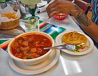 Mondongo (menudo) soup and gordita. In southern Mexico and Gulf Coast, menudo is known as mondongo
