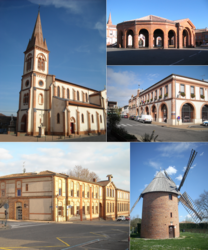 Clockwise of Saint-Lys: The church, market hall, city hall, multimedia library and the windmill.