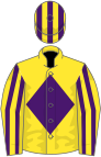 Yellow, purple diamond, striped sleeves and cap