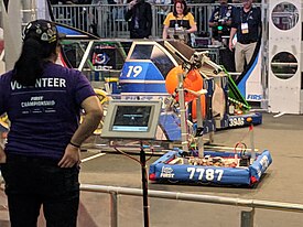 The Reynolds ReyBots robot mid-match at the FRC 2019 World Championship in Houston, TX