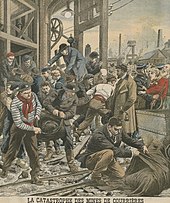 Highly idealised colour illustration showing rescue operations of the Courrières mine disaster
