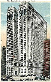 Illustration on a postcard of a tall, white building, with two narrow towers rising straight up from a wider base.