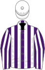 Purple and white stripes, white cap