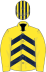 Yellow, dark blue chevrons on body, striped cap