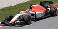 Will Stevens driving the Marussia MR03 at the 2015 Malaysian Grand Prix. The early-season car was devoid of sponsorship.