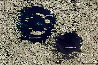 Clearwater Lakes in Quebec, the larger West crater dated to 286.2 ± 2.6 Ma
