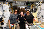 Suni Williams, Tracy C. Dyson, and Jeanette Epps (left to right) pose for a portrait during dinner time on the Unity module
