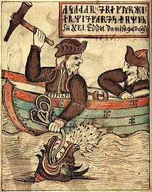 Þórr and the giant Hymir fishing for Miðgarðsormr, from Gylfaginning in Snorri's Edda.