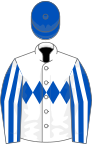 White, Royal Blue triple diamond, Royal Blue and White striped sleeves, Royal Blue cap