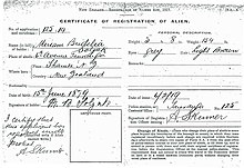 Photograph of a New Zealand government document to register enemy aliens during World War I