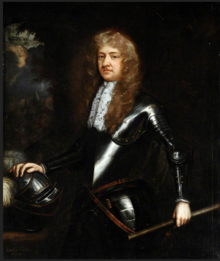 A 3/4 length painted portrait of Richard Butler, 1st Earl of Arran, showing a clean-shaven man with long curly fair hair wearing a lace jabot and clad in black armour, resting his right hand on his helmet on a table before him and holding a marshal's staff in his left. Arran stands before a mostly dark background, only on the extreme left is a view into a landscape.