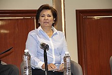 Isabel Miranda remains seated in front of an audience.