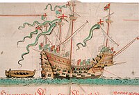 A contemporary depiction of streamers (or pennoncells) on all four masts of the warship Mary Rose which sank in 1545. Here they have a cross of Saint George at the hoist and the white and green heraldic colours of the House of Tudor along the rest of its length. Illustration from the Anthony Roll.