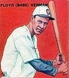 A baseball-card image of a man wearing a white baseball uniform and holding a baseball bat