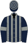 Dark blue and grey stripes, dark blue sleeves, grey armlets, hooped cap