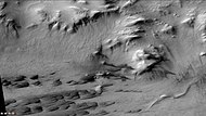 Gullies on mounds and dunes in Galle crater, as seen by CTX camera. Note this is an enlargement of previous photo.