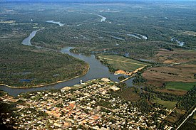 Aerial view of Demopolis. The confluence of the Tombigbee and Black Warrior rivers is visible in the center of the picture. View is looking to the northwest.