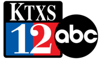 A black rounded box with the letters K T X S, the K larger than the T X S, in a Didone serif. Beneath is a half-blue, half-red box containing a numeral 12 in the same typeface. The ABC network logo overlaps this box on the lower-right side.