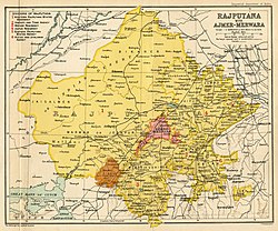 Sirohi State (orange) within Rajputana (yellow), in 1909
