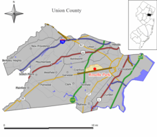 Map of Roselle Park in Union County. Inset: Location of Union County in New Jersey.
